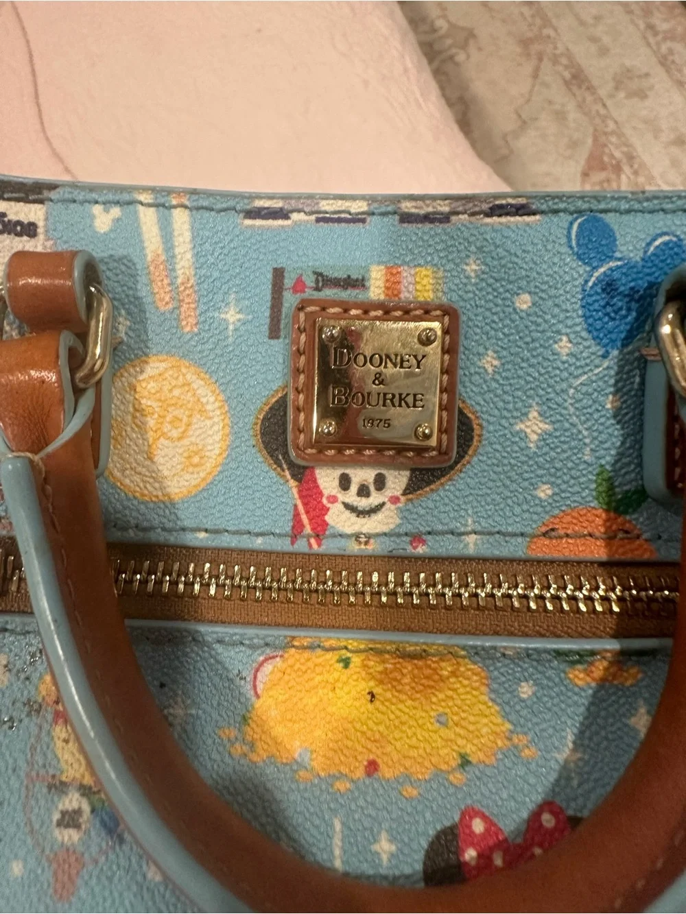 Dooney & Bourke Light Blue Disney Character Print Satchel with Tan Trim